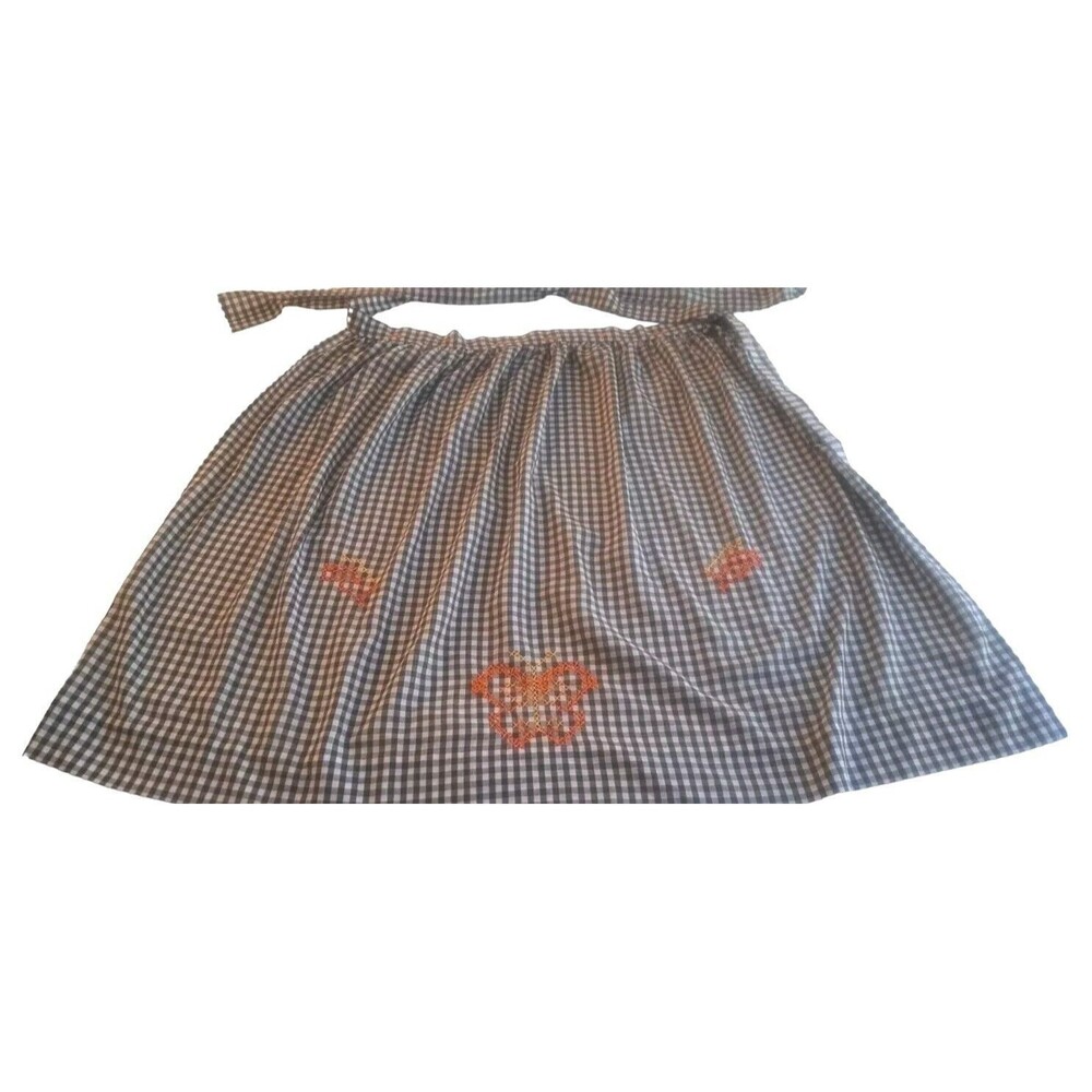 Vintage Half Apron White Brown Gingham Embroidered Butterflies